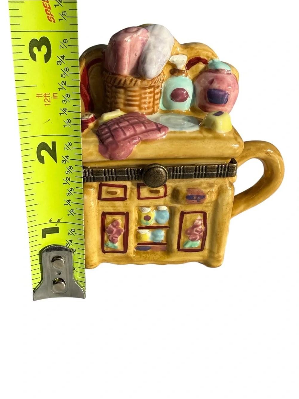 Vintage Laundry Room Teapot Trinket Box Ceramic Hinged Jewelry Box Whimsical 3”